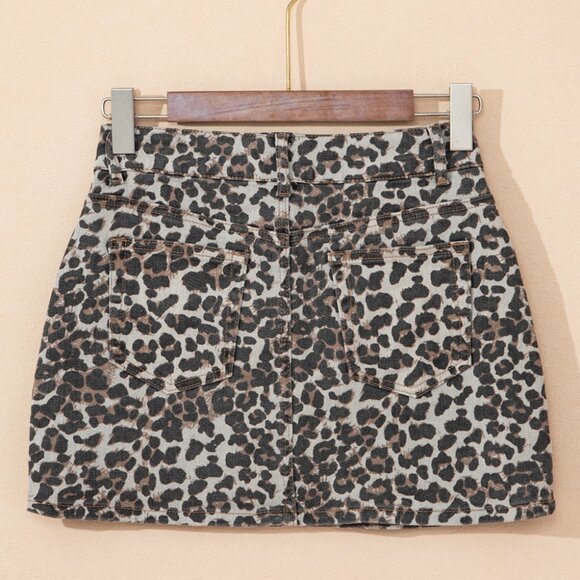 🖤 Khaki Leopard Print Denim Mini Skirt – Sizes 8 to 16 - Picture 6 of 7